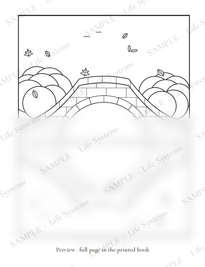 Sample page: Maple Bridge, Fall (preview, watermarked)