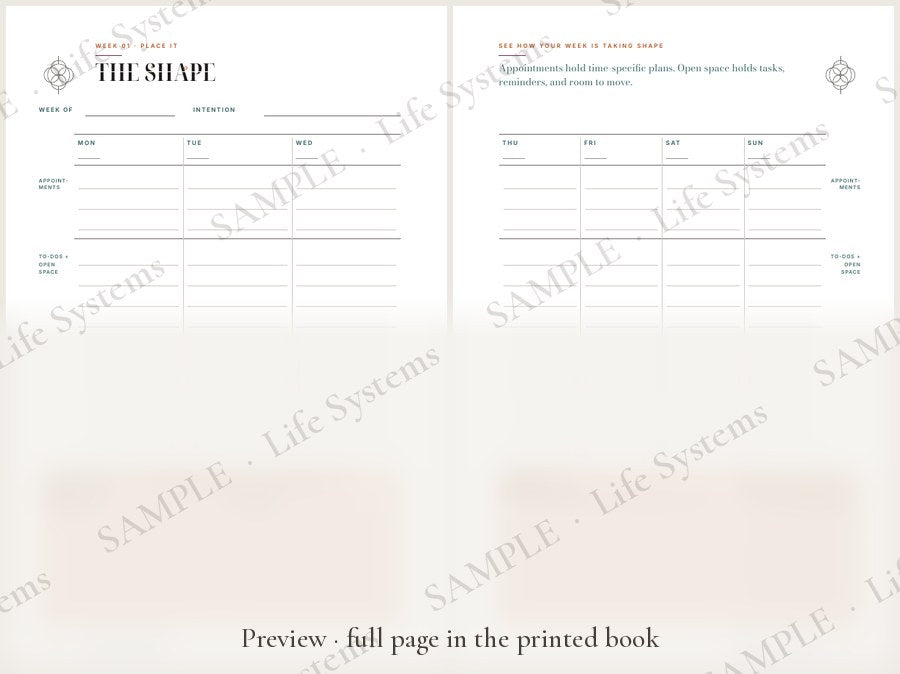 Sample weekly spread: The Shape (preview, watermarked)