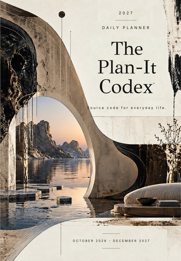 The Plan-It Codex 2027 hardcover, front cover in warm stone and cream with marbled black and gold